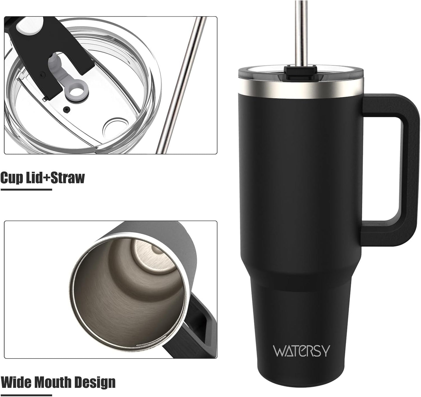 WATERSY 40Oz Kaffeebecher to Go Thermobecher Doppelwandiger Edelstahl Vakuum Auslaufsicher Trinkbecher Mit Griff Und Strohhalm Thermal Tumbler Schwarz