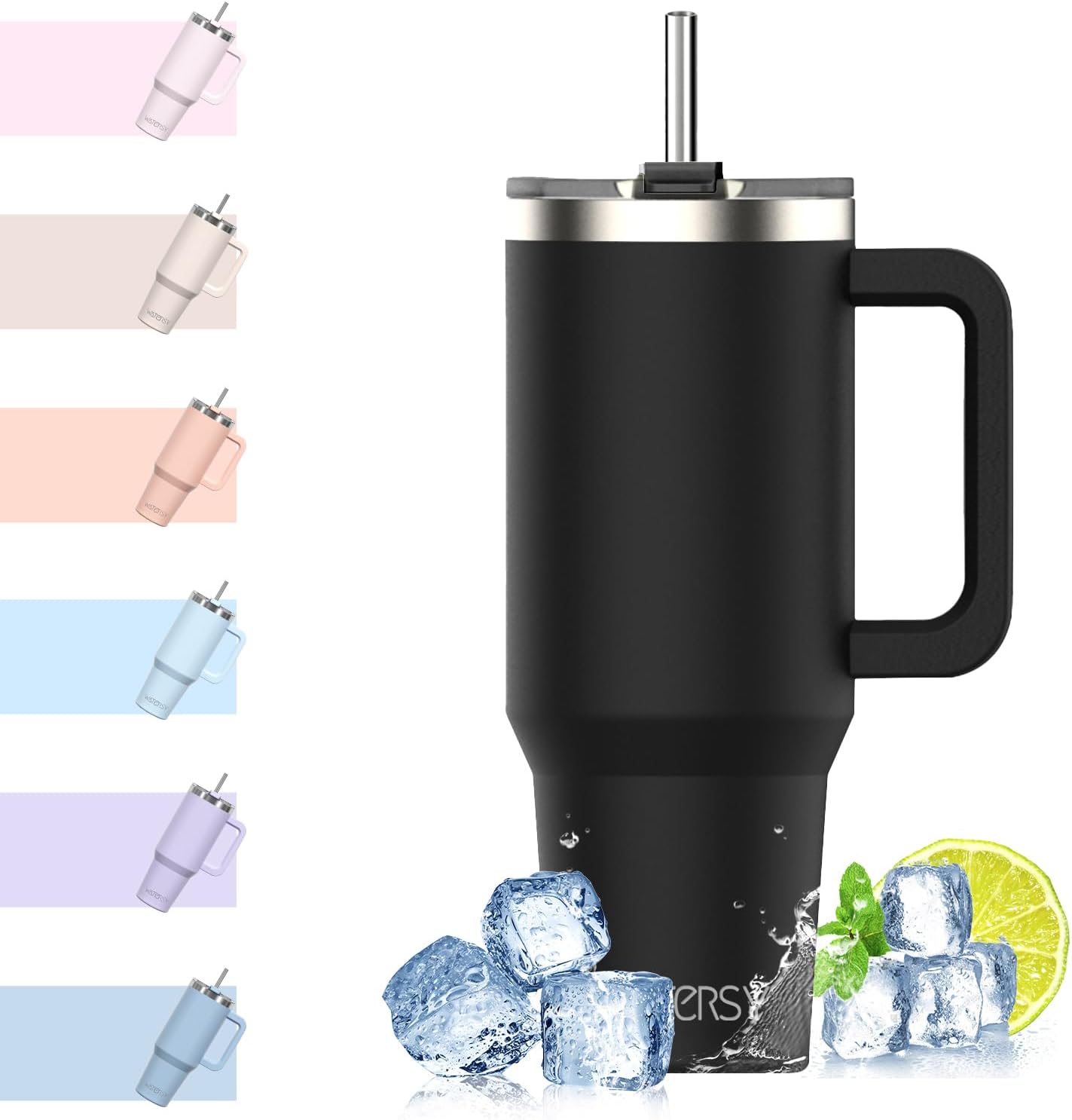 WATERSY 40Oz Kaffeebecher to Go Thermobecher Doppelwandiger Edelstahl Vakuum Auslaufsicher Trinkbecher Mit Griff Und Strohhalm Thermal Tumbler Schwarz