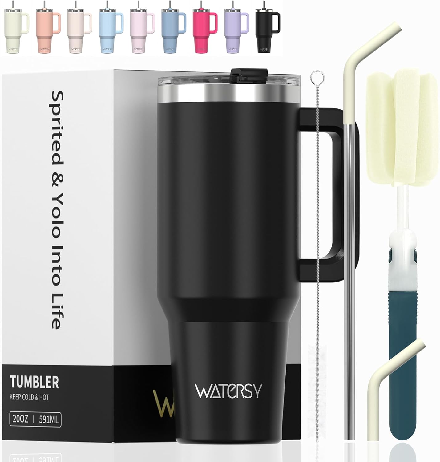 WATERSY 40Oz Kaffeebecher to Go Thermobecher Doppelwandiger Edelstahl Vakuum Auslaufsicher Trinkbecher Mit Griff Und Strohhalm Thermal Tumbler Schwarz