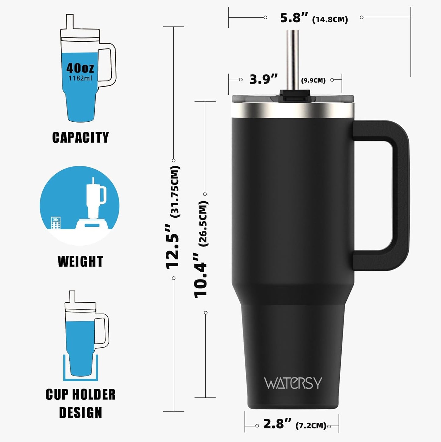 WATERSY 40Oz Kaffeebecher to Go Thermobecher Doppelwandiger Edelstahl Vakuum Auslaufsicher Trinkbecher Mit Griff Und Strohhalm Thermal Tumbler Schwarz