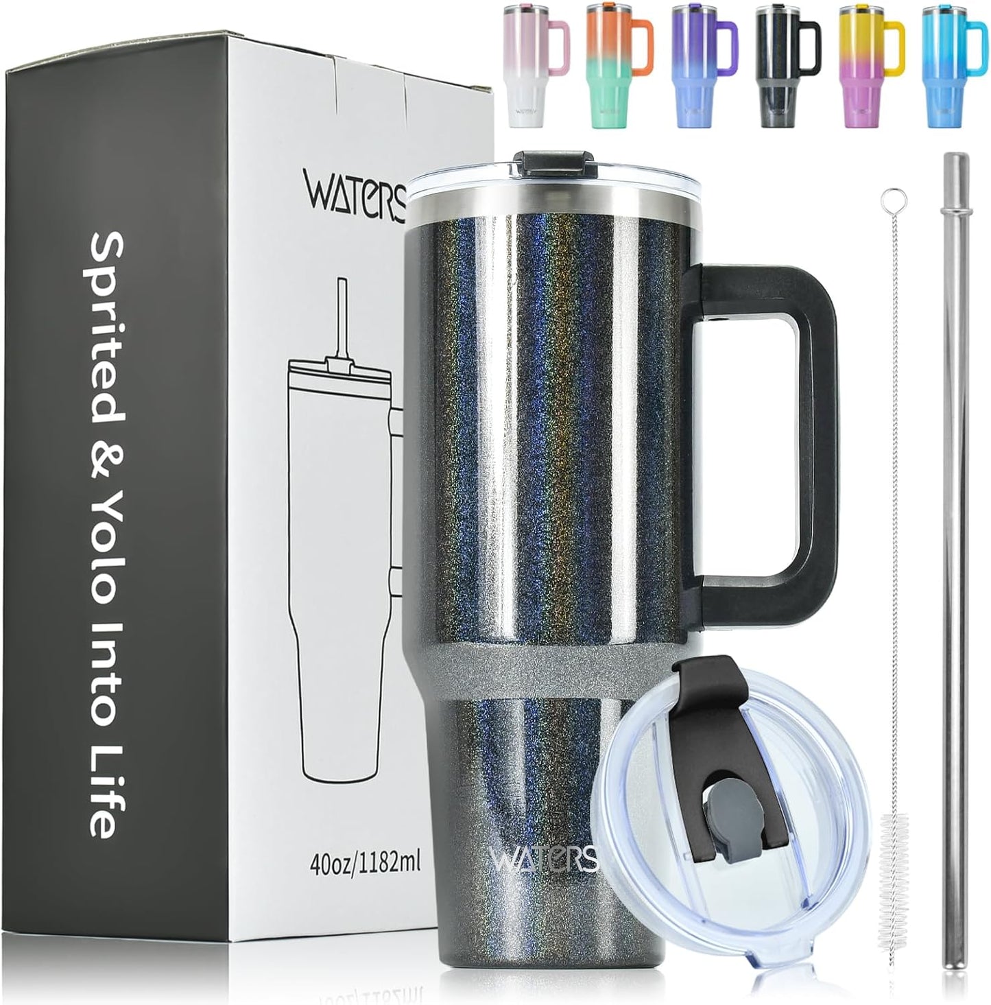 WATERSY 40Oz Kaffeebecher to Go Thermobecher Doppelwandiger Edelstahl Vakuum Auslaufsicher Trinkbecher Mit Griff Und Strohhalm Thermal Tumbler Schwarz