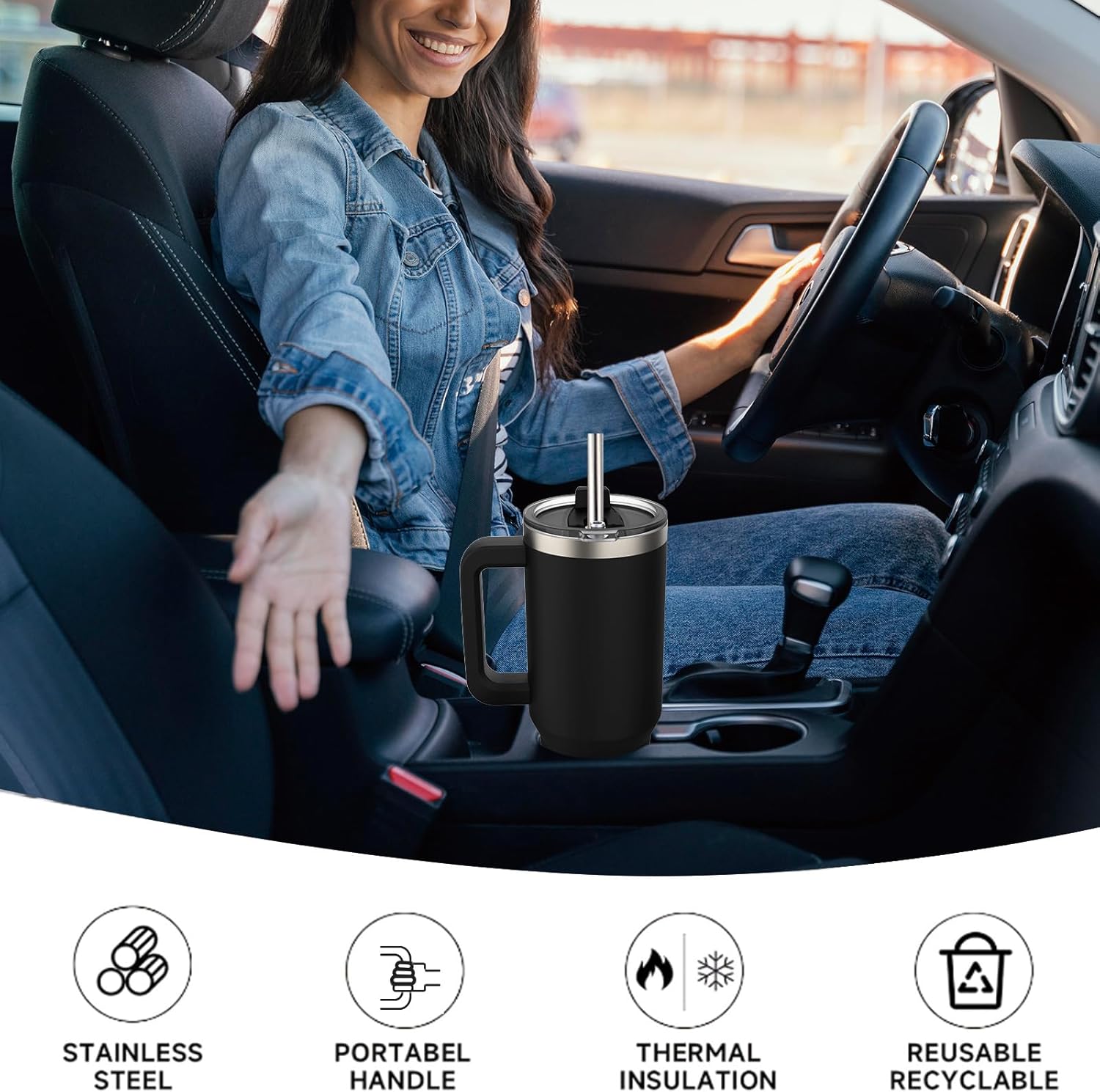 WATERSY 40Oz Kaffeebecher to Go Thermobecher Doppelwandiger Edelstahl Vakuum Auslaufsicher Trinkbecher Mit Griff Und Strohhalm Thermal Tumbler Schwarz