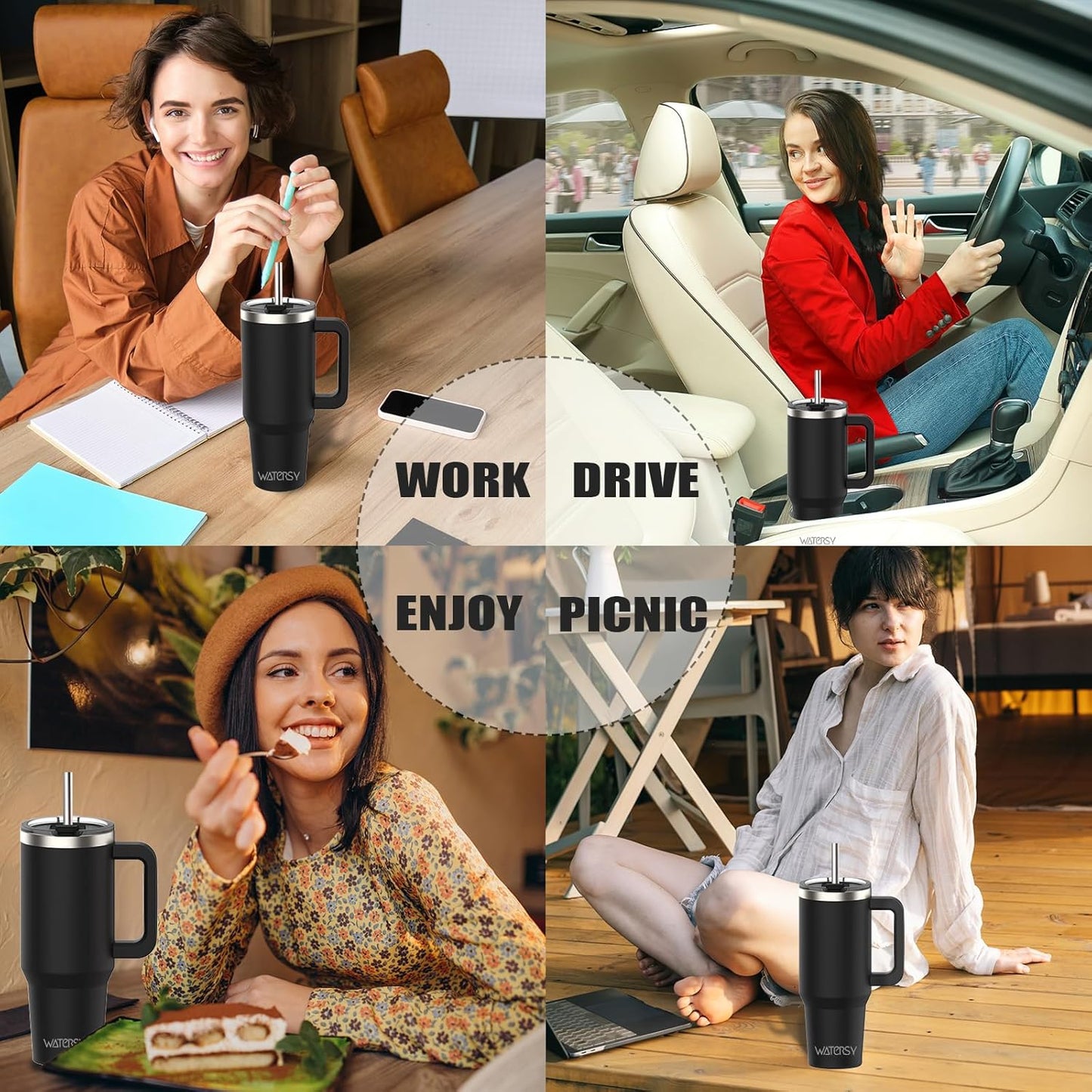 WATERSY 40Oz Kaffeebecher to Go Thermobecher Doppelwandiger Edelstahl Vakuum Auslaufsicher Trinkbecher Mit Griff Und Strohhalm Thermal Tumbler Schwarz