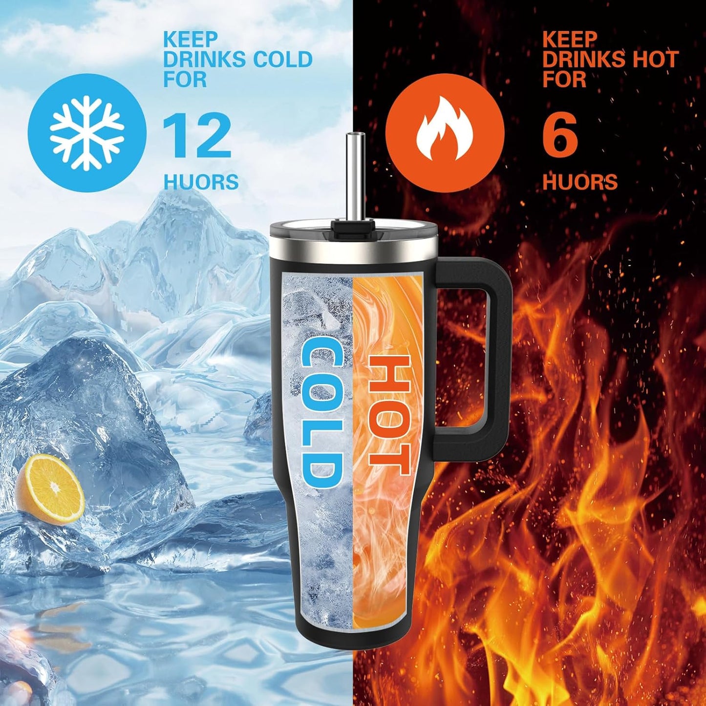 WATERSY 40Oz Kaffeebecher to Go Thermobecher Doppelwandiger Edelstahl Vakuum Auslaufsicher Trinkbecher Mit Griff Und Strohhalm Thermal Tumbler Schwarz