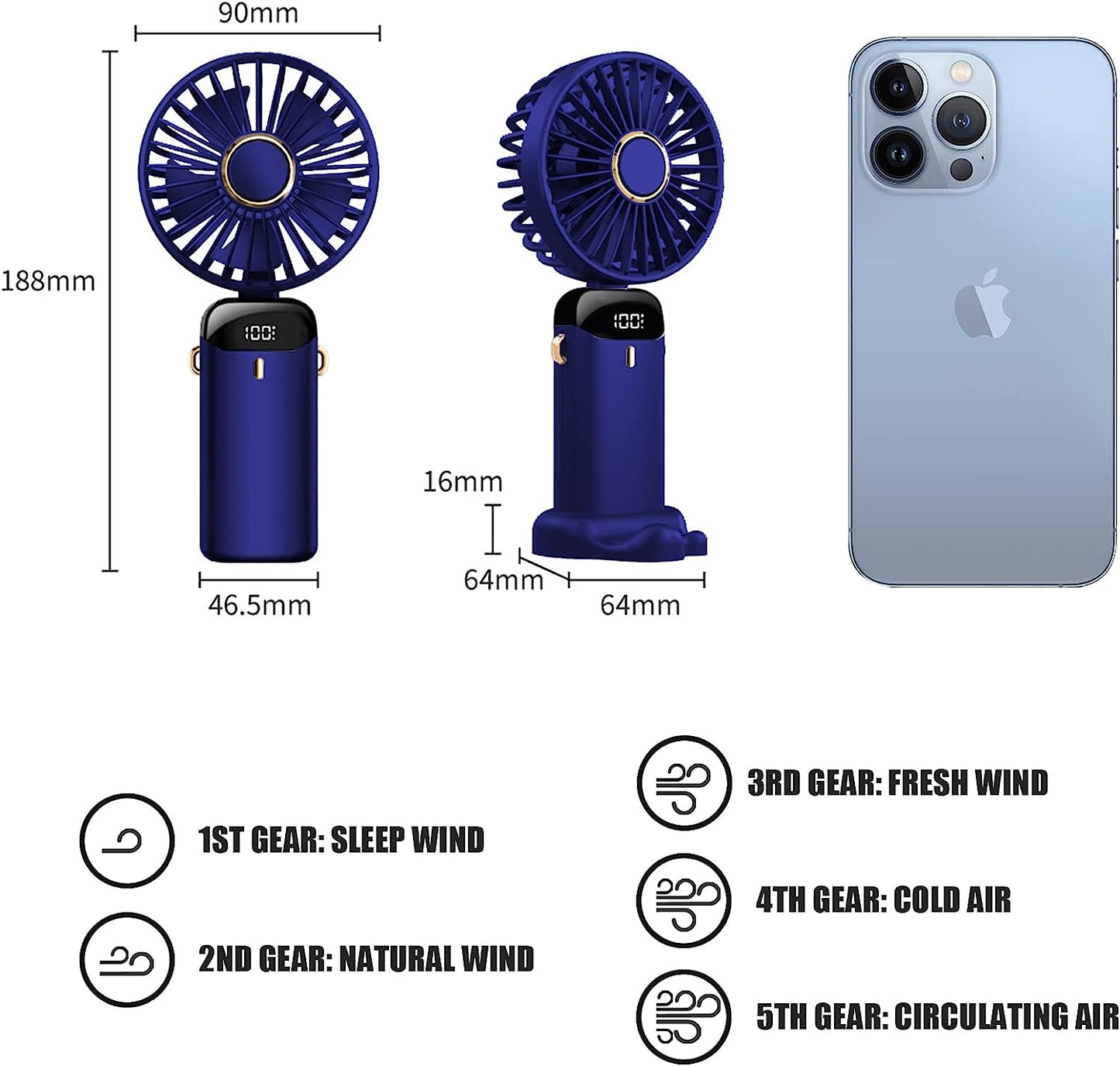 Handventilator, Tragbarer Mini Ventilator, Wiederaufladbar, Kleiner Taschenventilator Mit 5 Geschwindigkeitsstufen, Faltbarer Usb-Ventilator Für Büro, Outdoor (Dunkelblau)