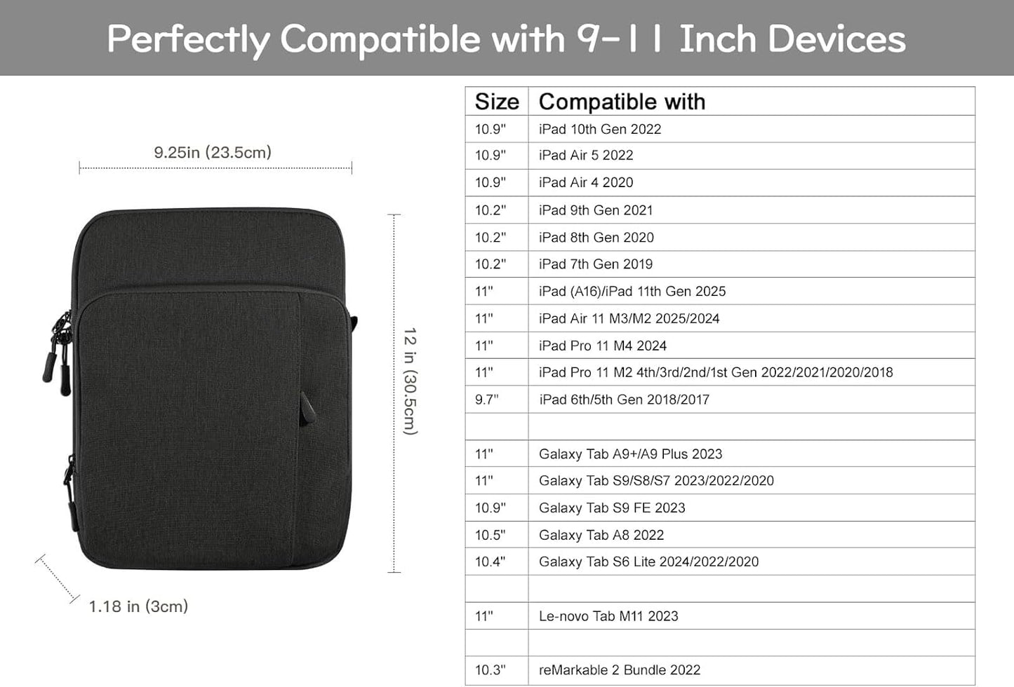 Dadanism 9-11 Zoll Tablet Organisator Tasche Mit Schultergurt Für Ipad Pro/Air 11", Ipad (A16) 11", Ipad 10. Gen 10,9", Ipad 9/8/7. Gen 10,2", Ipad Air 5/4, Galaxy Tab A9+ 11",Tab M11 11",Schwarz+Grau