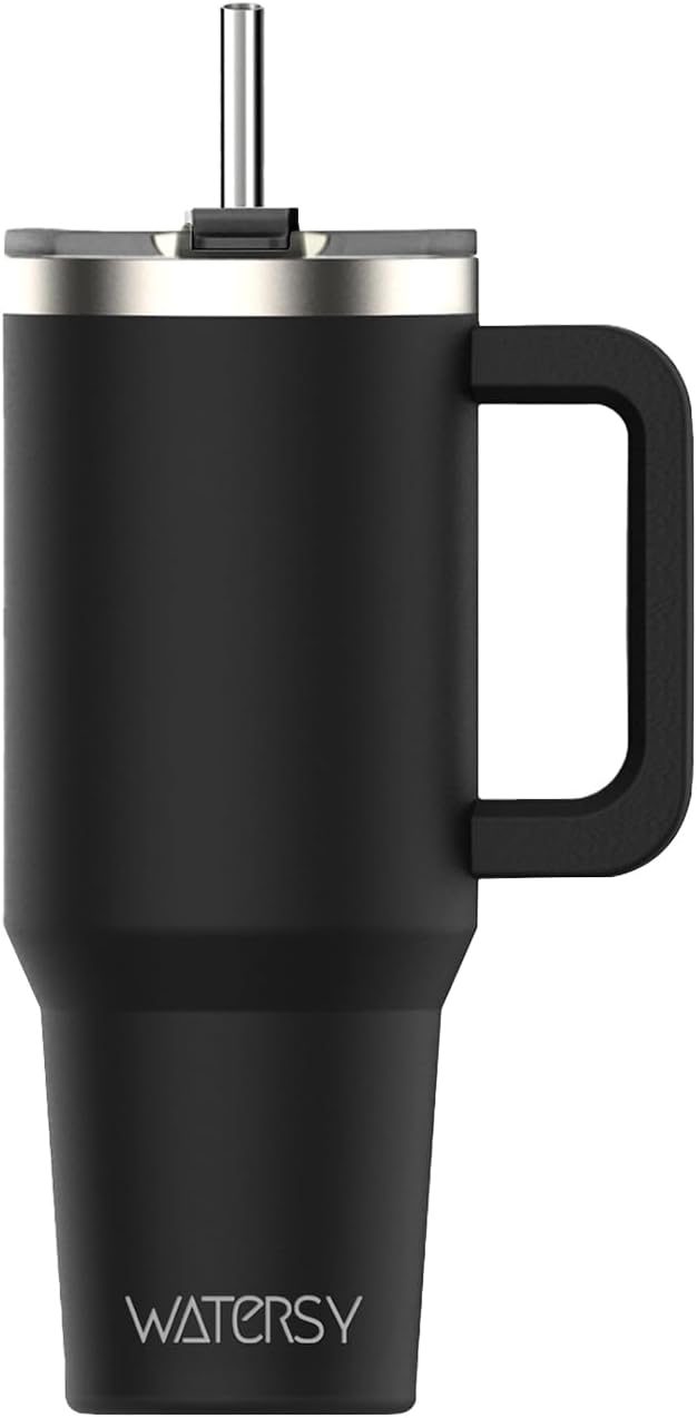 WATERSY 40Oz Kaffeebecher to Go Thermobecher Doppelwandiger Edelstahl Vakuum Auslaufsicher Trinkbecher Mit Griff Und Strohhalm Thermal Tumbler Schwarz