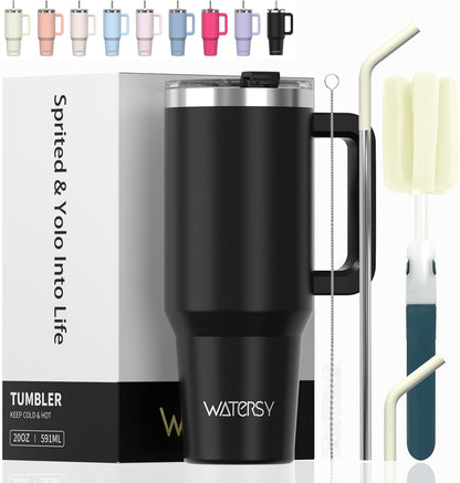 WATERSY 40Oz Kaffeebecher to Go Thermobecher Doppelwandiger Edelstahl Vakuum Auslaufsicher Trinkbecher Mit Griff Und Strohhalm Thermal Tumbler Schwarz