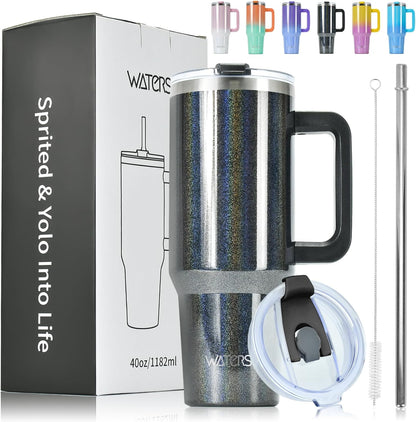 WATERSY 40Oz Kaffeebecher to Go Thermobecher Doppelwandiger Edelstahl Vakuum Auslaufsicher Trinkbecher Mit Griff Und Strohhalm Thermal Tumbler Schwarz