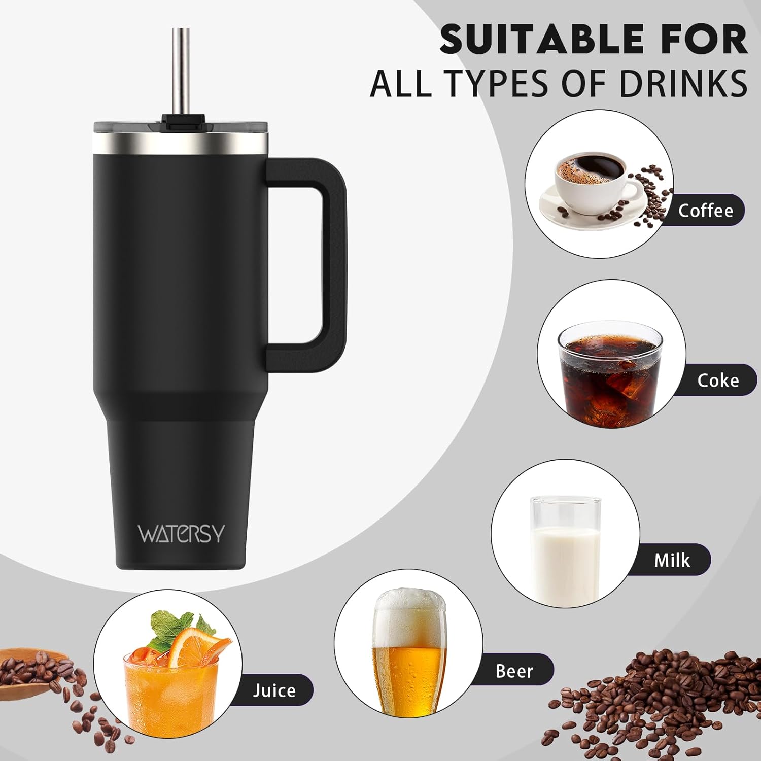 WATERSY 40Oz Kaffeebecher to Go Thermobecher Doppelwandiger Edelstahl Vakuum Auslaufsicher Trinkbecher Mit Griff Und Strohhalm Thermal Tumbler Schwarz
