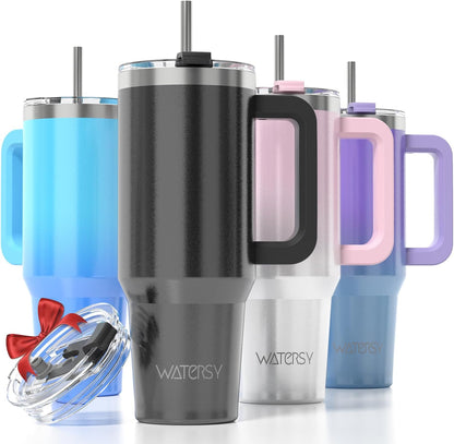 WATERSY 40Oz Kaffeebecher to Go Thermobecher Doppelwandiger Edelstahl Vakuum Auslaufsicher Trinkbecher Mit Griff Und Strohhalm Thermal Tumbler Schwarz