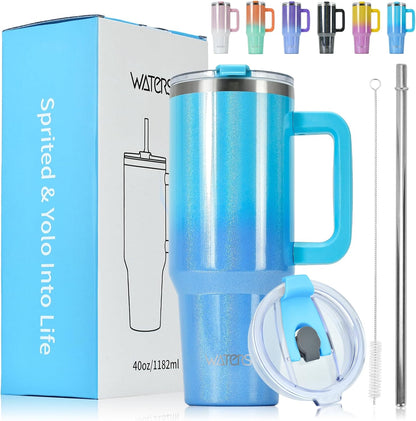 WATERSY 40Oz Kaffeebecher to Go Thermobecher Doppelwandiger Edelstahl Vakuum Auslaufsicher Trinkbecher Mit Griff Und Strohhalm Thermal Tumbler Schwarz