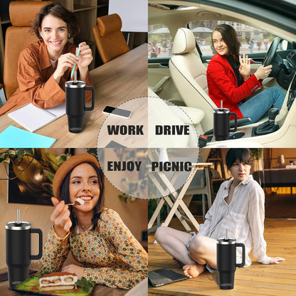 WATERSY 40Oz Kaffeebecher to Go Thermobecher Doppelwandiger Edelstahl Vakuum Auslaufsicher Trinkbecher Mit Griff Und Strohhalm Thermal Tumbler Schwarz