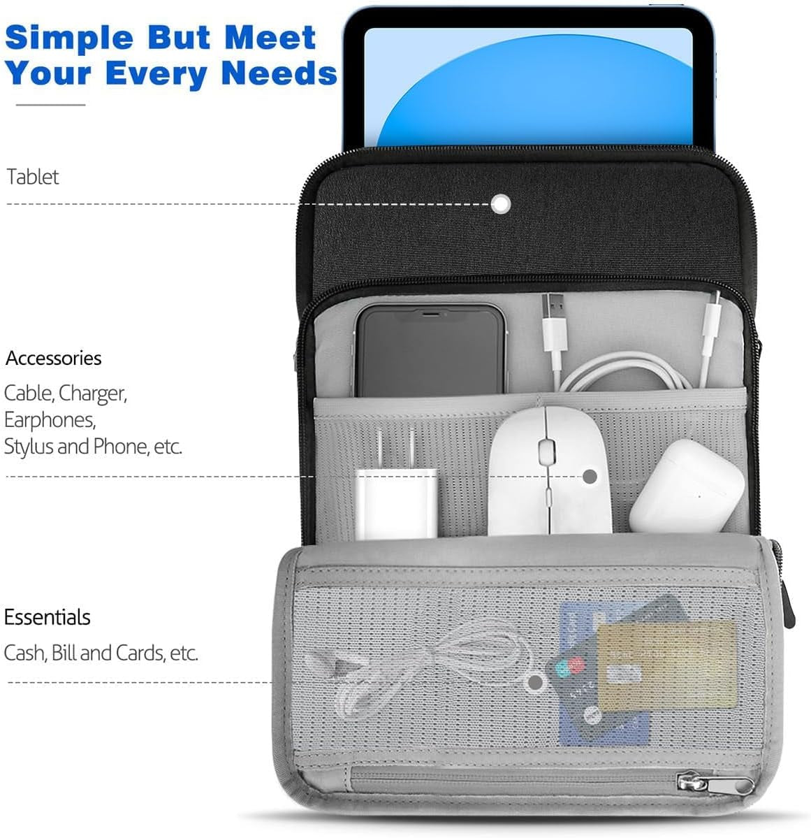 Dadanism 9-11 Zoll Tablet Organisator Tasche Mit Schultergurt Für Ipad Pro/Air 11", Ipad (A16) 11", Ipad 10. Gen 10,9", Ipad 9/8/7. Gen 10,2", Ipad Air 5/4, Galaxy Tab A9+ 11",Tab M11 11",Schwarz+Grau