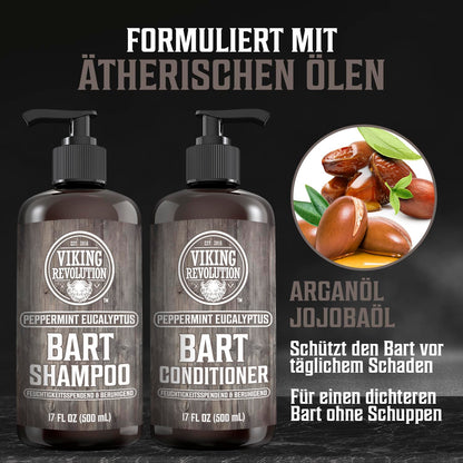 Viking Revolution Bart Shampoo & Conditioner Set - Erweicht, Glättet & Stärkt Den Bartwuchs - Natürlicher Pfefferminz- & Eukalyptusduft - Geschenke Für Männer - 2 X 500 Ml